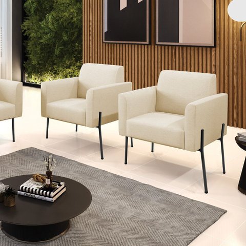 Poltrona Pé de Ferro Preto Kit 2 Decorativa Marisa Linho D03 - D'Rossi