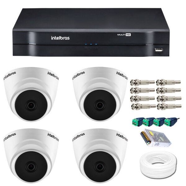 Kit Intelbras - DVR 4Ch Multi HD Mhdx 1104 + 4 Câmeras Dome Intelbras HDCVI Lite Vhl 1120D + Acess - 1