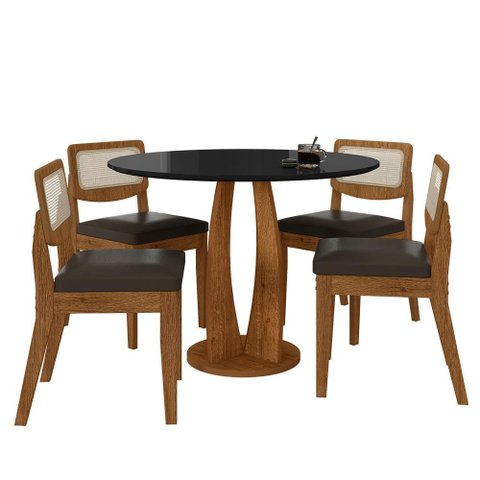 Mesa Redonda Camogli 4 Cadeiras Sextavadas Freijó/pto/corin Marr - M.a Freijó/preto/corino Marrom