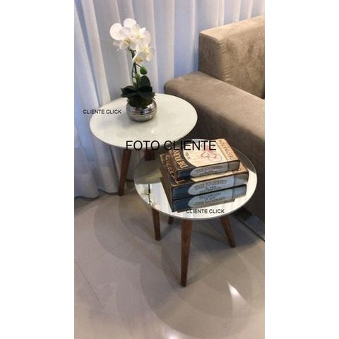 Jogo de 2 Mesas de Canto com Vidro e Espelho - Off White