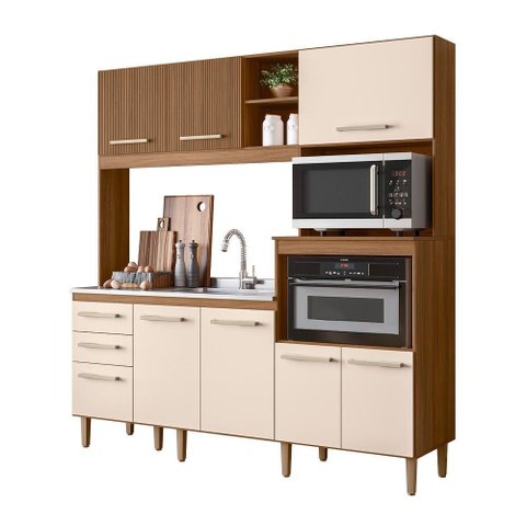 Cozinha Compacta Piatã 7 Portas 3 Gavetas sem Tampo Ipê/off White/ripado Ipê - Nicioli