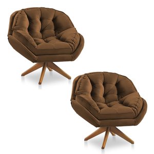 Kit 02 Poltronas Califórnia Giratória Veludo Terracota Base de Madeira - Pallazio