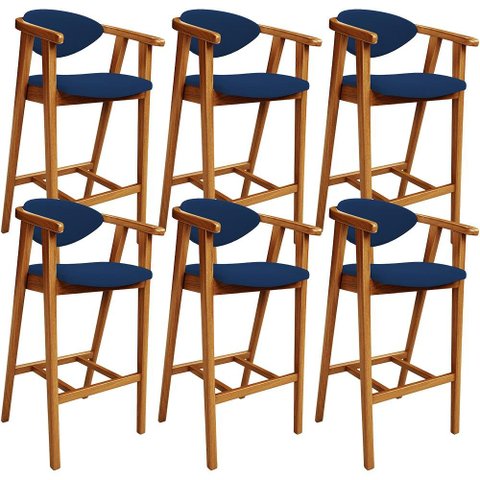 Kit 06 Banquetas Alta Cozinha Bancada Bar Sala de Jantar Fixa Cecília L02 Suede Azul Marinho - Lyam