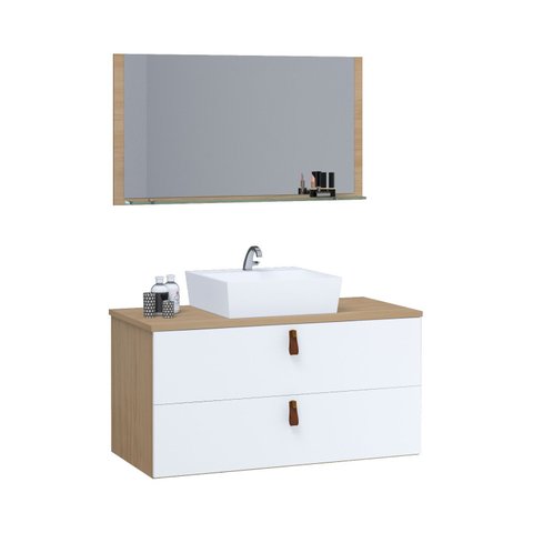 Gabinete Banheiro Berlim 80 Cm Armário com Espelheira e Cuba:freijo/natura
