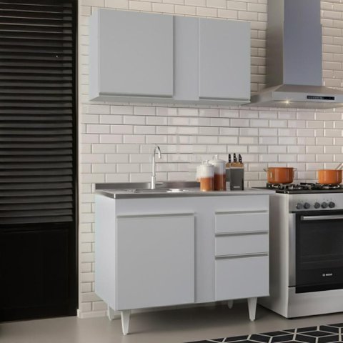 Armário Cozinha e Balcão com Pia 100cm Luziania Cinza Claro - Lumil