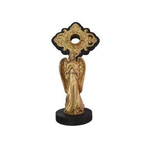 Imagem Anjo Da Guarda Dourado Feita Em Resina Com Relicário