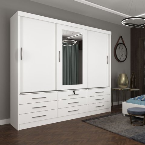 Guarda Roupa Chicago 3 Portas 9 Gavetas com Espelho Tcil:branco