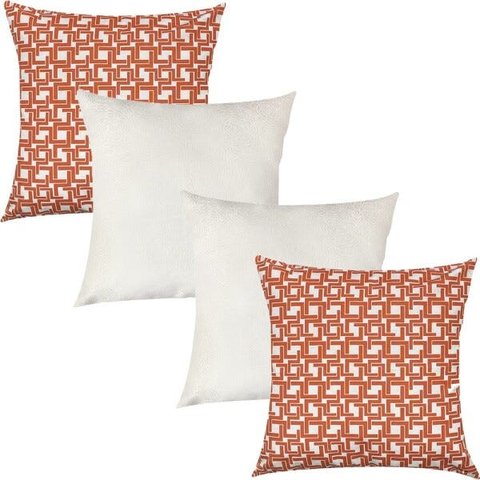 Kit 4 Capas de Almofadas Composê Geométrico Laranja e Floral Off White Impermeáveis 45x45cm