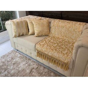 Kit Manta Floral e 4 Capas de Almofadas Dourado 45x45cm