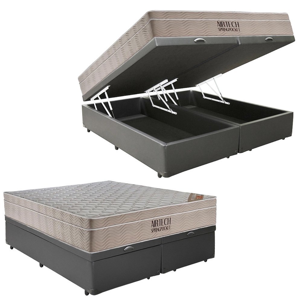 Cama Box Baú Casal Sintético Bipartido + Colchão Ortobom Airtech Molas Ensacadas 65x138x188