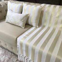 Kit Manta Listrado, 2 Capas de Almofada e 1 Almofadas Retangular Luxo Branco com Dourado 45x45cm - 1