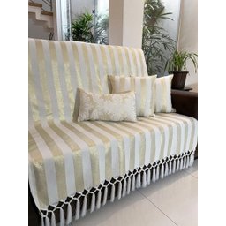Kit Manta Listrado, 2 Capas de Almofada e 1 Almofadas Retangular Luxo Branco com Dourado 45x45cm - 5