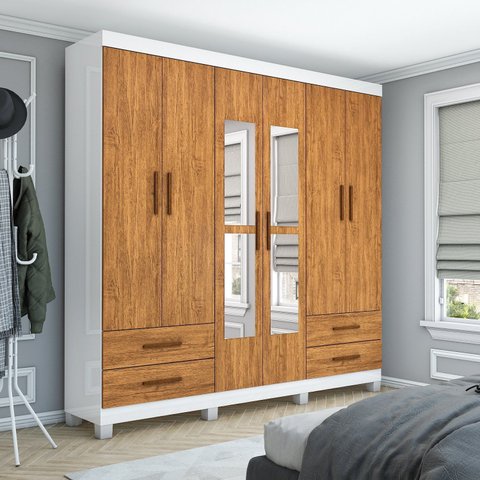Guarda-Roupa 6 Portas 4 Gavetas com Espelho e Pés Genova Marrom/Branco/Cinamomo