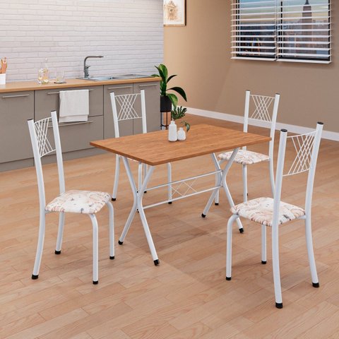Conjunto de Mesa Tubular 062 100x60cm Tampo em MDF com 4 Cadeiras Sara Branco/Botanic Bege