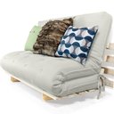 Ver imagem 1 de Sofa Cama Casal Futon Oriental Branco Off Sarja Impermeável com Madeira Maciça