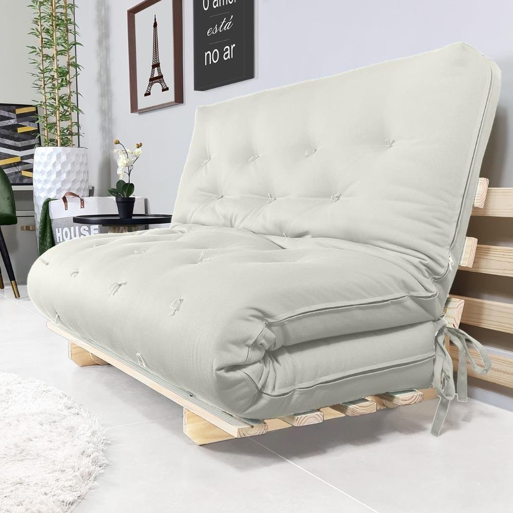 Sofa Cama Casal Futon Oriental Branco Off Sarja Impermeável com Madeira Maciça - 5