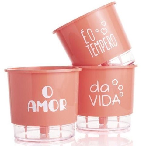 Kit 3 Vasos Autoirrigaveis Amor Tempero da Vida N02 Coral