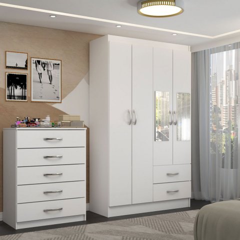 Guarda-roupa Solteiro Eden 4 Portas 2 Gavetas e Espelho com Cômoda 5 Gavetas Branco - Panorama Móvei
