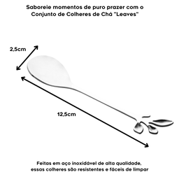 Colher de Chá em Aço Inoxidável Leaves Kit Colheres de Chá Café Sobremesa Ramo 4 Unidades - Prateado - 3
