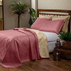 Colcha - Kit Cobre leito Dupla Face Floral Casal Padrão - 03 peças
