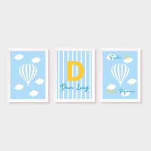 Kit Três Quadros Balão, Nuvens e Nome Azul e Amarelo