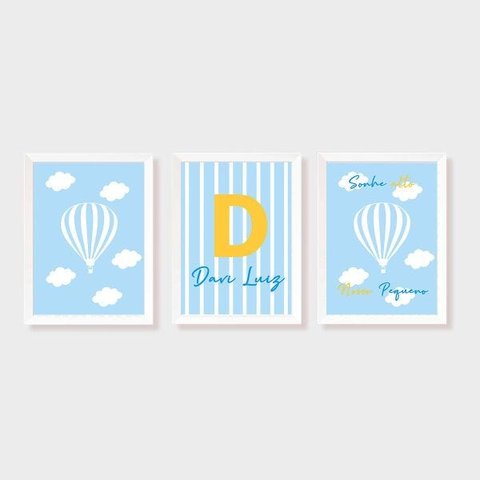 Kit Três Quadros Balão, Nuvens e Nome Azul e Amarelo