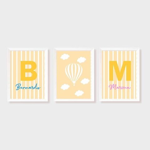 Kit Três Quadros Gêmeos Balão e Nuvens Amarelo