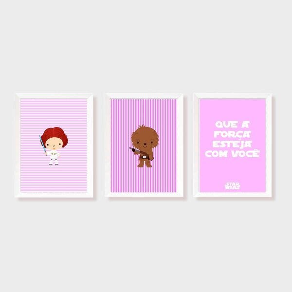 Kit Três Quadros Star Wars Chewbacca, Leia e Que a Força esteja com Você (Rosa)