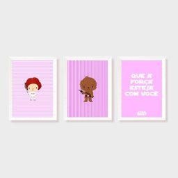 Kit Três Quadros Star Wars Chewbacca, Leia e Que a Força esteja com Você (Rosa) - 1