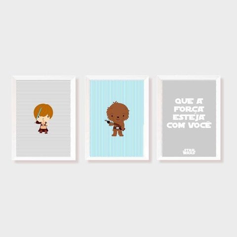 Kit Três Quadros Star Wars Chewbacca, Luke e Que a Força esteja com Você (Azul e Cinza)