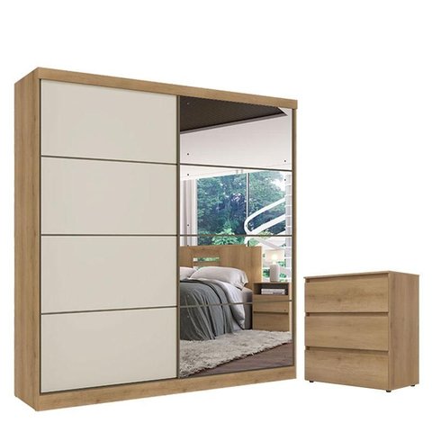 Guarda Roupa Casal Málaga Full Glass 2 Portas Capuccino Off White e Cômoda Gaveteiro Condessa Capucc