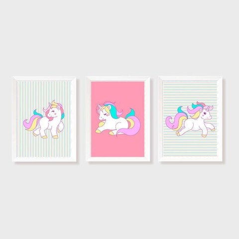 Kit Três Quadros Unicórnio Branco, Rosa e Amarelo