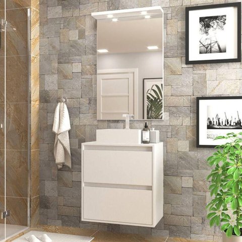 Gabinete para Banheiro com Cuba e Espelheira com Led 60cm Mdf Branco Dubai - On Móveis