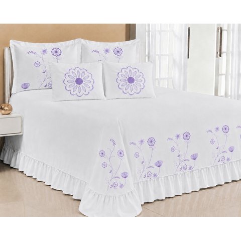 Kit Cobre Leito Casal Queen Encanto 07 Peças Bordado Colcha - Branco com Lilás