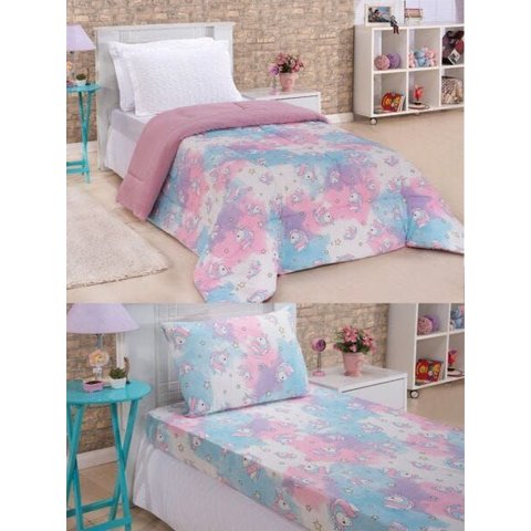 Kit Edredom Solteiro Dupla Face e Lençol Flacce Plush e Malha Rosa