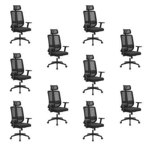 Kit com 10 Cadeiras Office Presidente Ajustavel e Ergonomica com Nr 17 Montana Preto