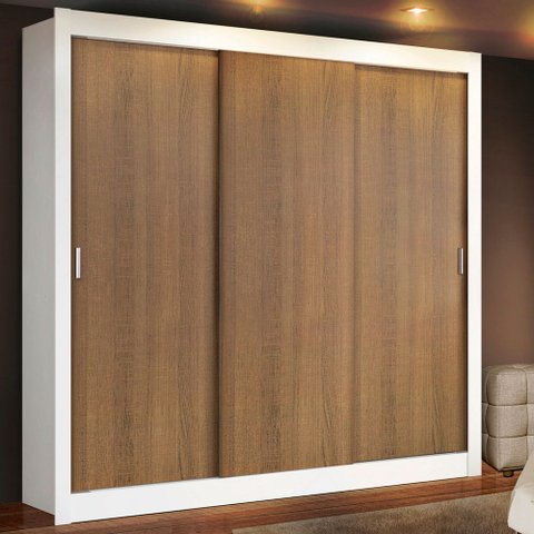 Guarda-Roupa Casal Madesa Lyon Plus 3 Portas de Correr 4 Gavetas Branco/Rustic Cor:Branco/Rustic