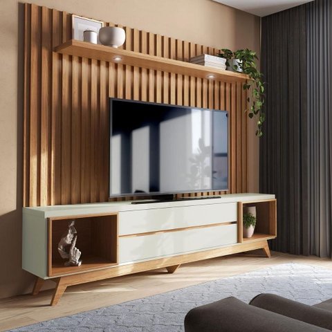 Rack para TV Ripado 75 228cm MDF com LED 2 Gavetas Nichos Off White com Freijó Dalla Costa Móveis