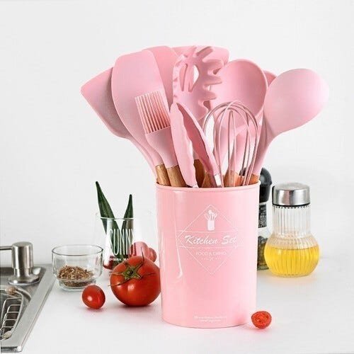 Kit Utensílios De Cozinha Cabos em Madeira e Silicone 11 Peças + Pote Organizador - Premium - - Rosa