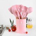 Ver imagem 1 de Kit Utensílios De Cozinha Cabos em Madeira e Silicone 11 Peças + Pote Organizador - Premium - - Rosa