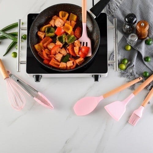 Kit Utensílios De Cozinha Cabos em Madeira e Silicone 11 Peças + Pote Organizador - Premium - - Rosa - 2