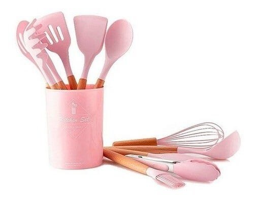 Kit Utensílios De Cozinha Cabos em Madeira e Silicone 11 Peças + Pote Organizador - Premium - - Rosa - 6