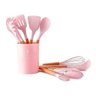 Kit Utensílios De Cozinha Cabos em Madeira e Silicone 11 Peças + Pote Organizador - Premium - - Rosa - 6