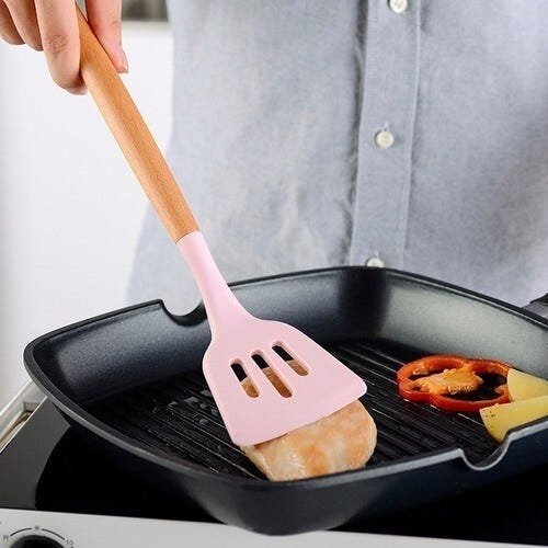 Kit Utensílios De Cozinha Cabos em Madeira e Silicone 11 Peças + Pote Organizador - Premium - - Rosa - 3