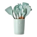 Ver imagem 2 de Kit Utensílios De Cozinha Cabos em Madeira e Silicone 11 Peças + Pote Organizador - Premium - - Verd