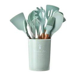Kit Utensílios De Cozinha Cabos em Madeira e Silicone 11 Peças + Pote Organizador - Premium - - Verd - 2