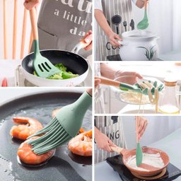 Kit Utensílios De Cozinha Cabos em Madeira e Silicone 11 Peças + Pote Organizador - Premium - - Verd - 5