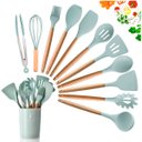 Ver imagem 7 de Kit Utensílios De Cozinha Cabos em Madeira e Silicone 11 Peças + Pote Organizador - Premium - - Verd