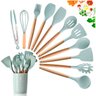 Kit Utensílios De Cozinha Cabos em Madeira e Silicone 11 Peças + Pote Organizador - Premium - - Verd - 7