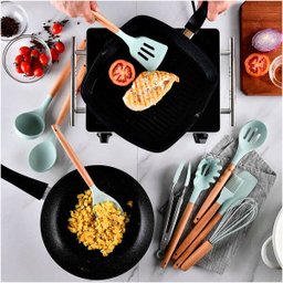Kit Utensílios De Cozinha Cabos em Madeira e Silicone 11 Peças + Pote Organizador - Premium - - Verd - 3